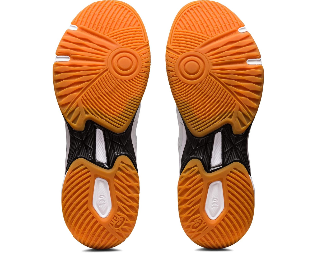 Shoe outsoles showing orange tread with dark heel pads