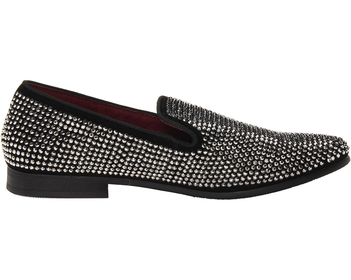 Side view of rhinestone slip-on loafer with black apron trim