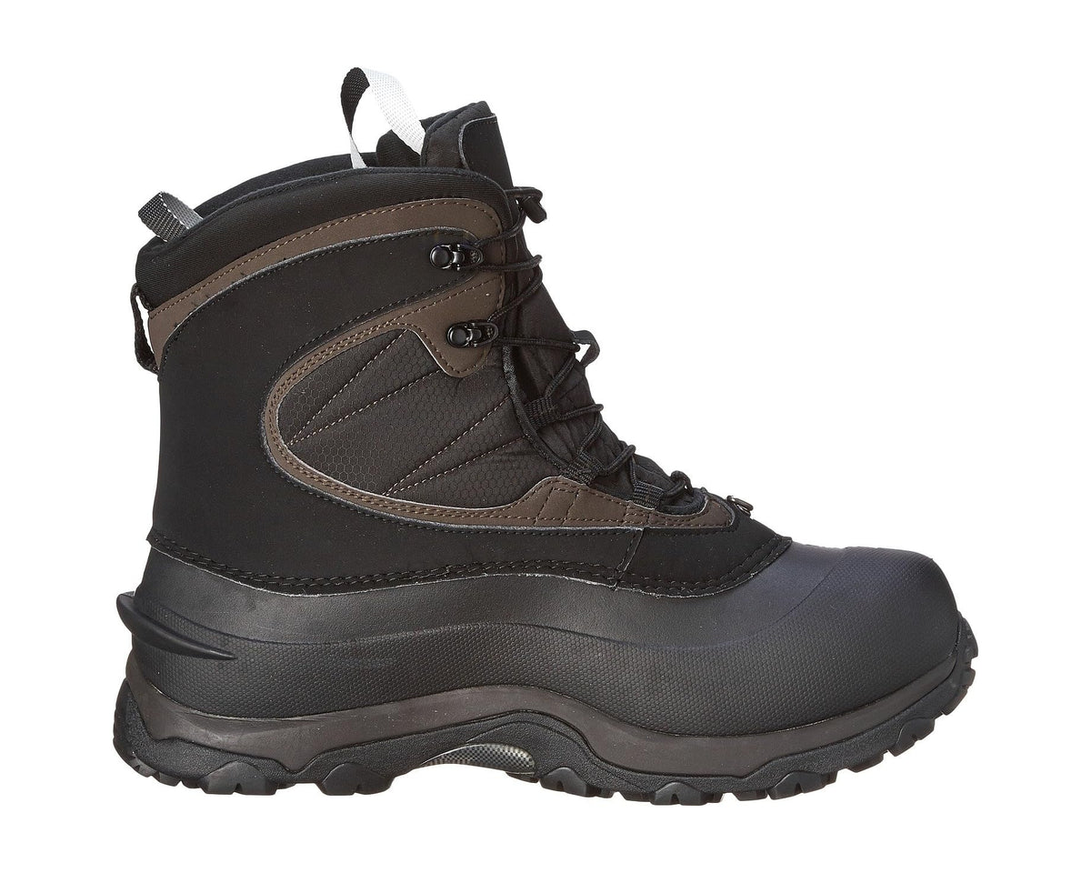 Side view of men's lace-up winter boot, black upper with brown overlay and textured sole