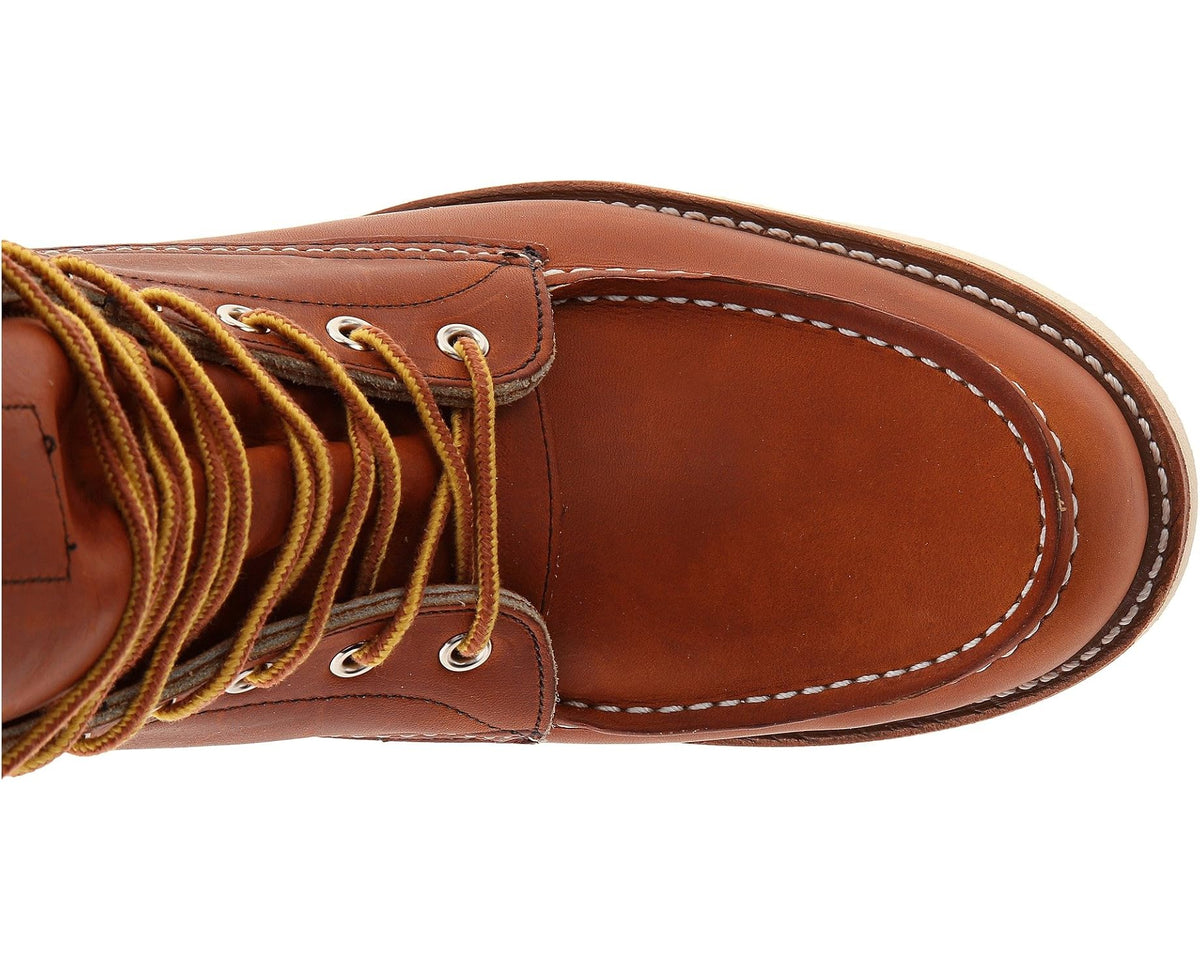 Red Wing Heritage moc-toe boot toe detail with tan laces and stitched leather welt