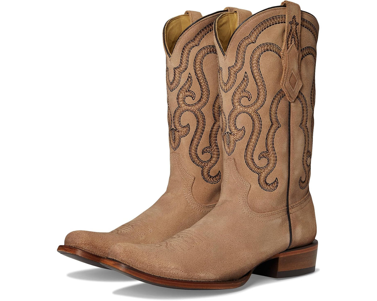 Men's sand suede cowboy boots with dark western embroidery, pull-on shaft and low heel