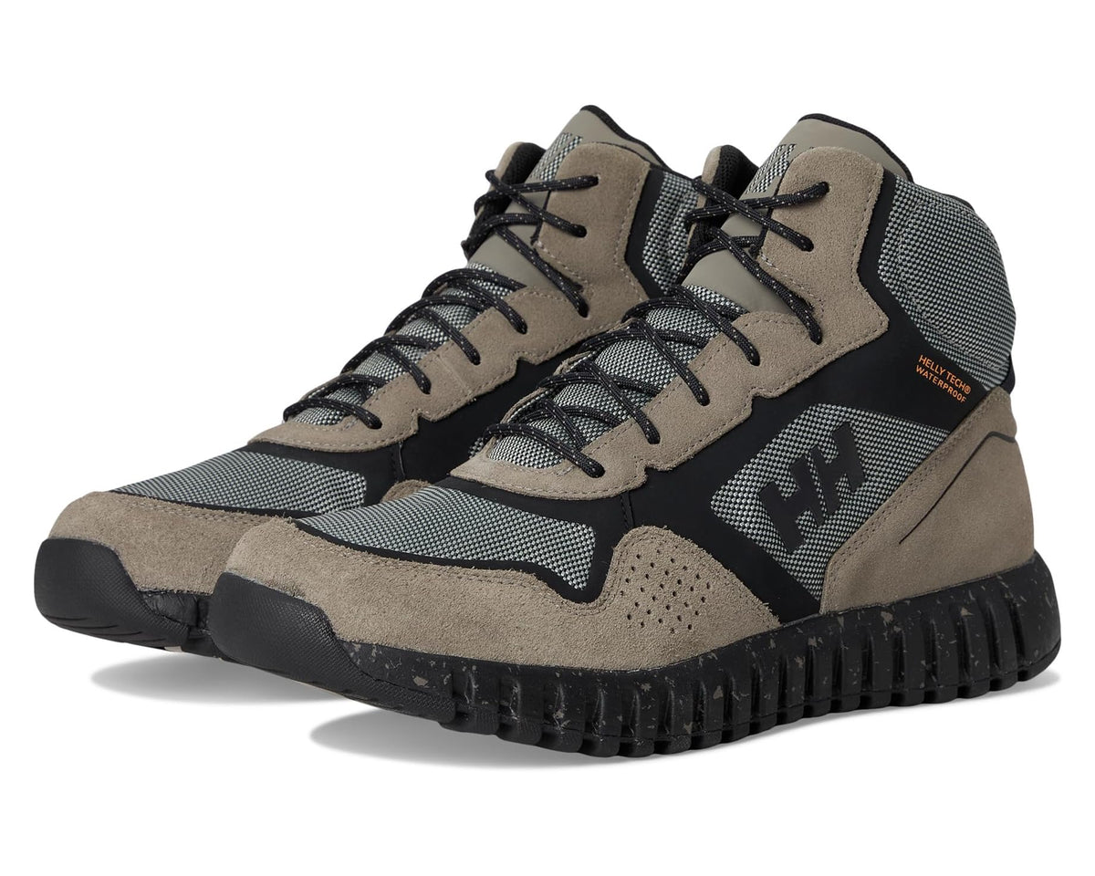 Men's high-top hiking boots in dark gray, beige, and black with lace-up front