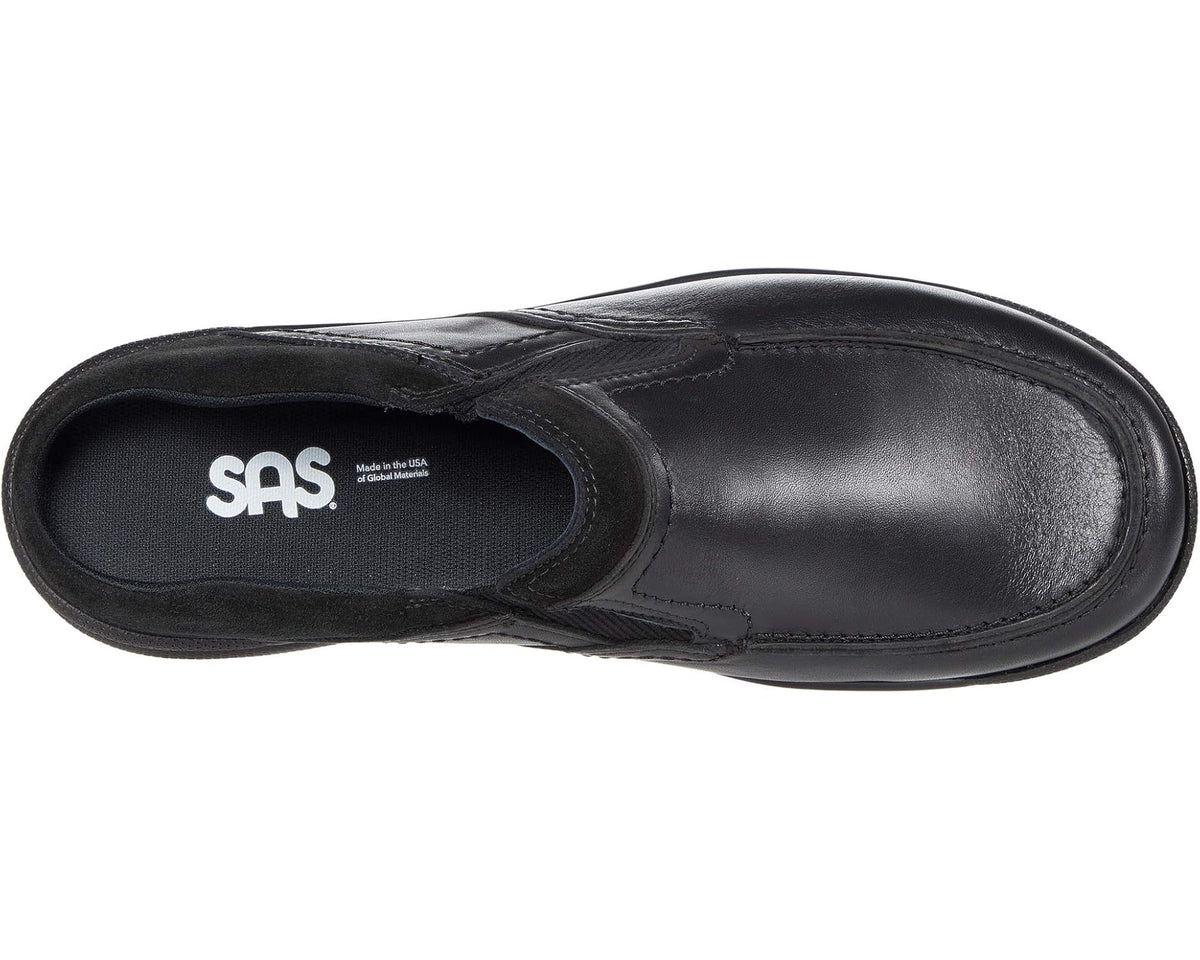 Men's SAS slip-on shoe, side view with SAS logo on black lining and padded collar