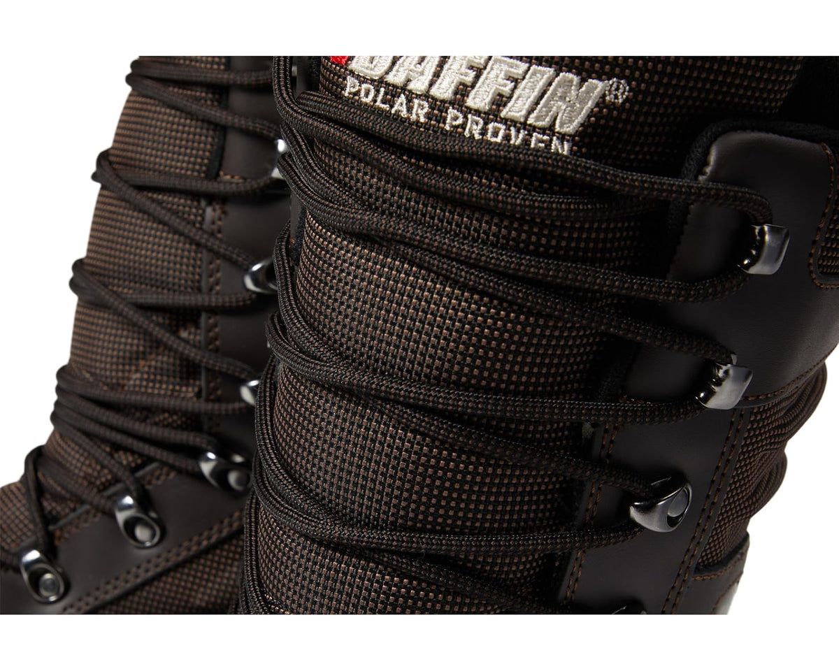 Close-up of men's boot upper: lace system, Baffin logo, and textured fabric