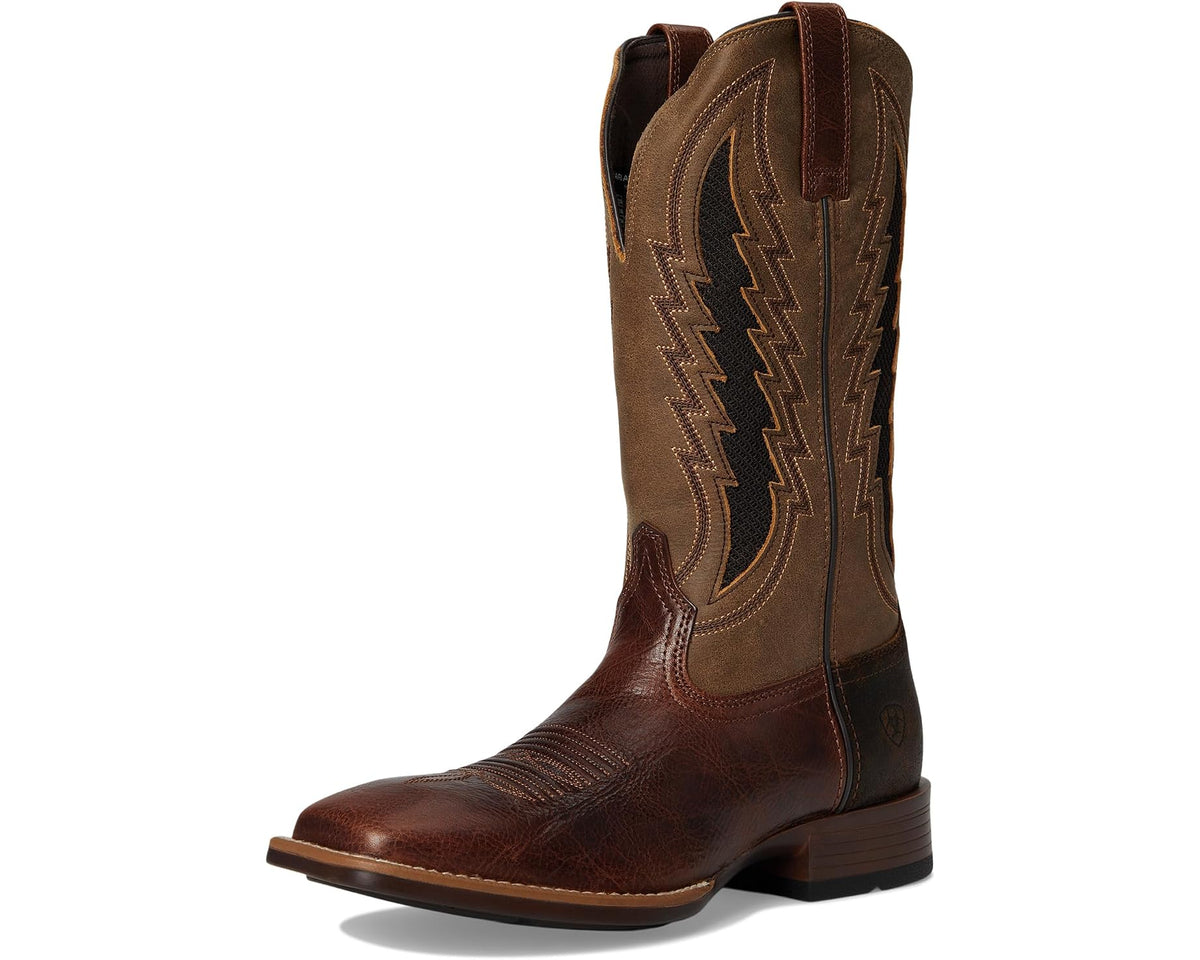 Men's brown cowboy boots front view with tall shaft and zigzag side panels