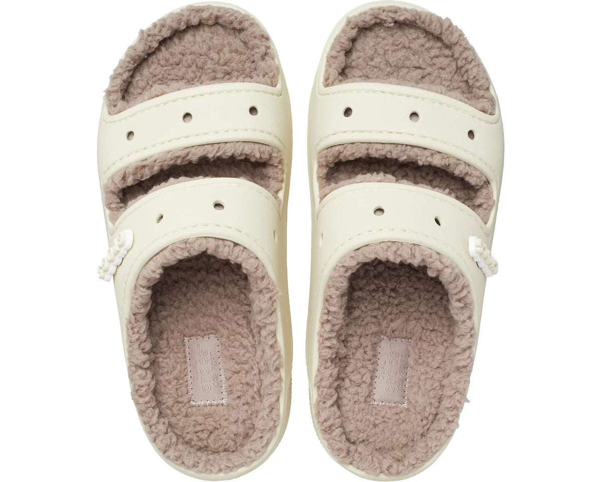 Crocs unisex sandals, front view, faux-fur lined interior, light bone with taupe.