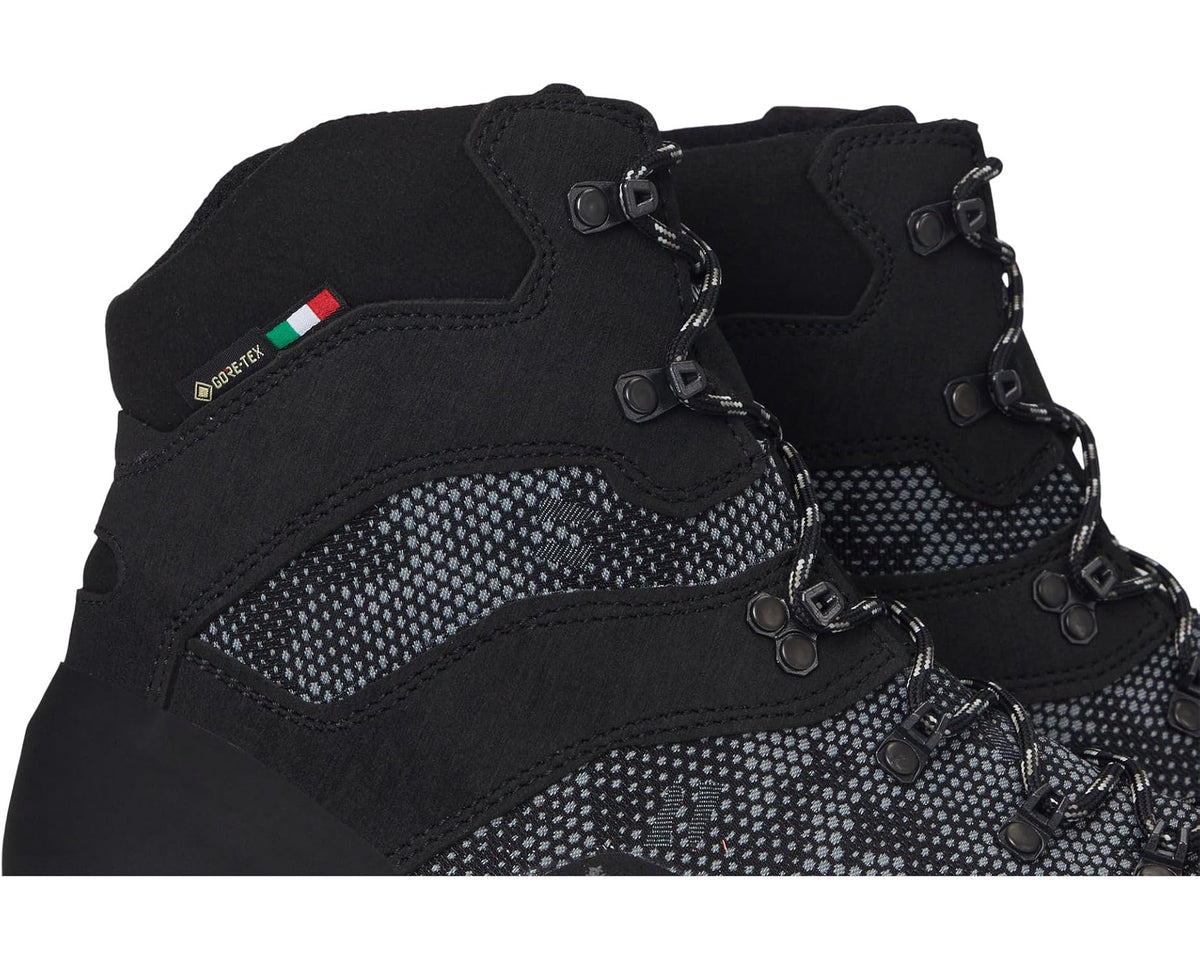 Men's Zamberlan boot upper close-up, black suede and shark camo mesh, laces