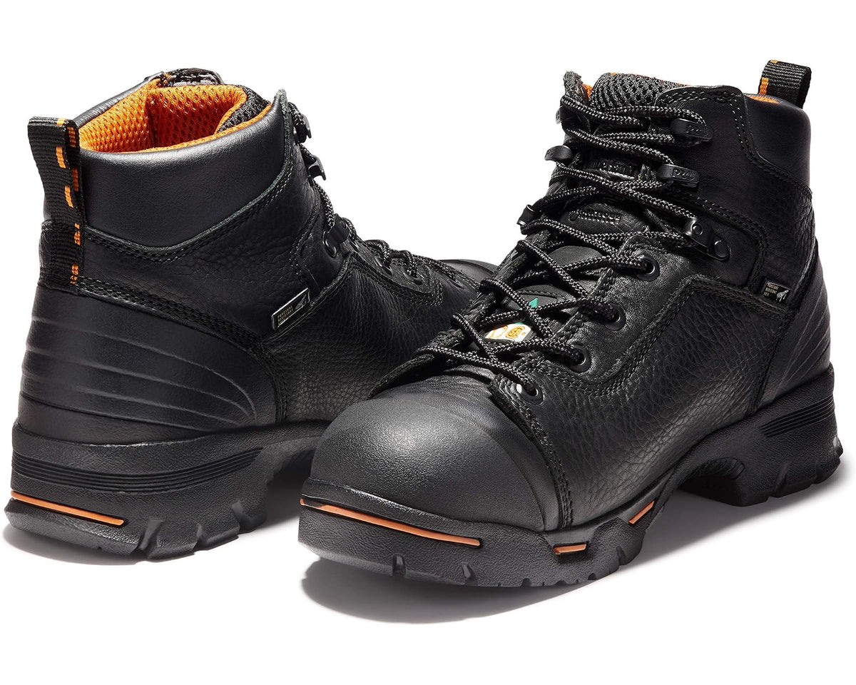 Pair of black waterproof lace-up boots with steel toes and orange-trim soles