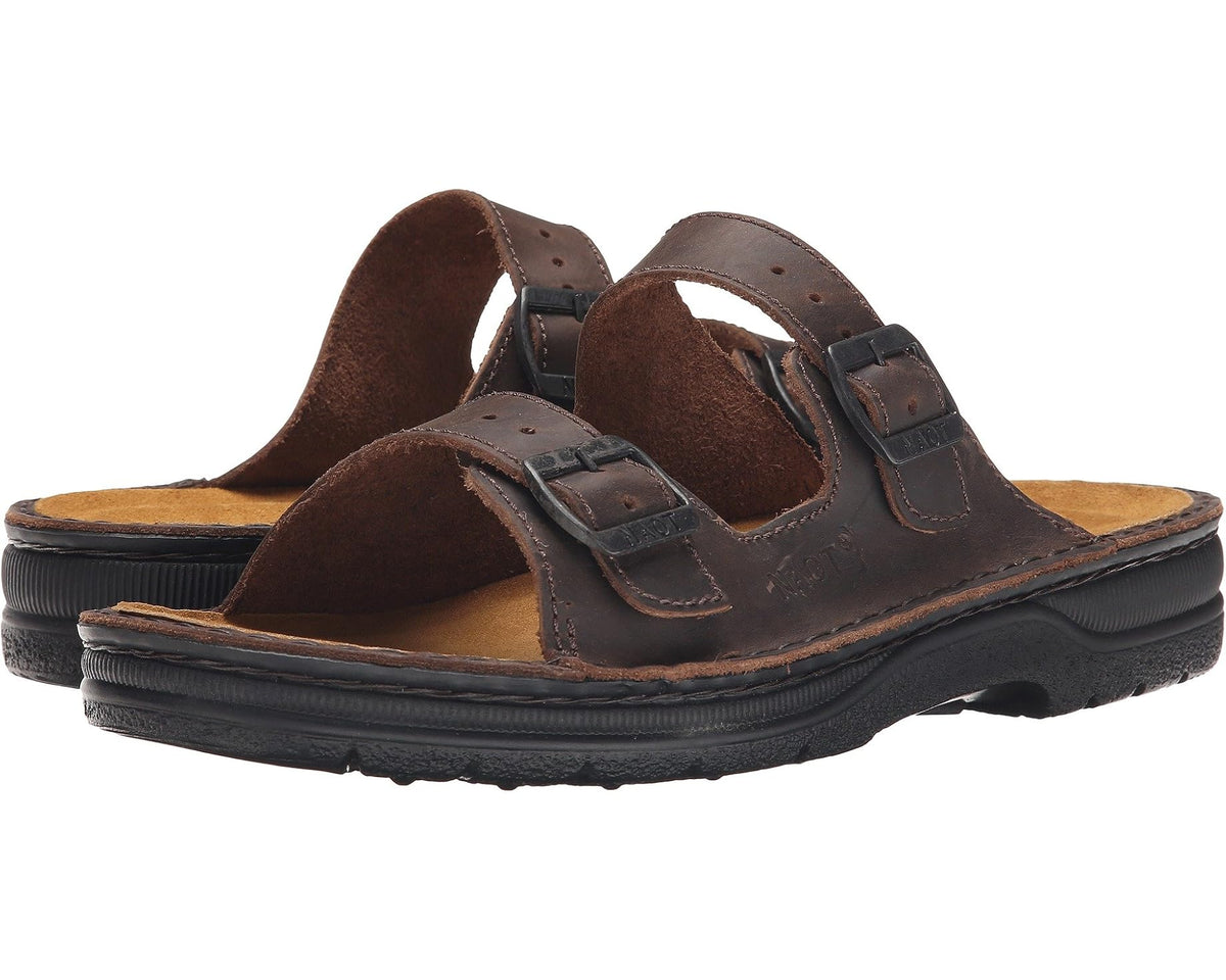 Men's Naot Mikael leather slide sandal with two adjustable straps, dark brown