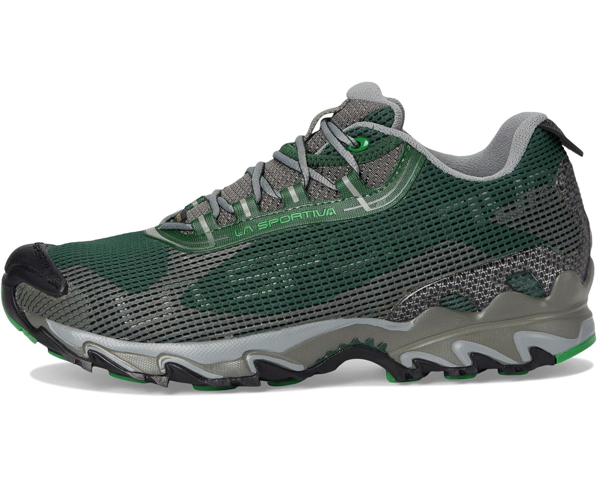 Men's green mesh trail shoe with lace-up, padded collar, and gray toe guard