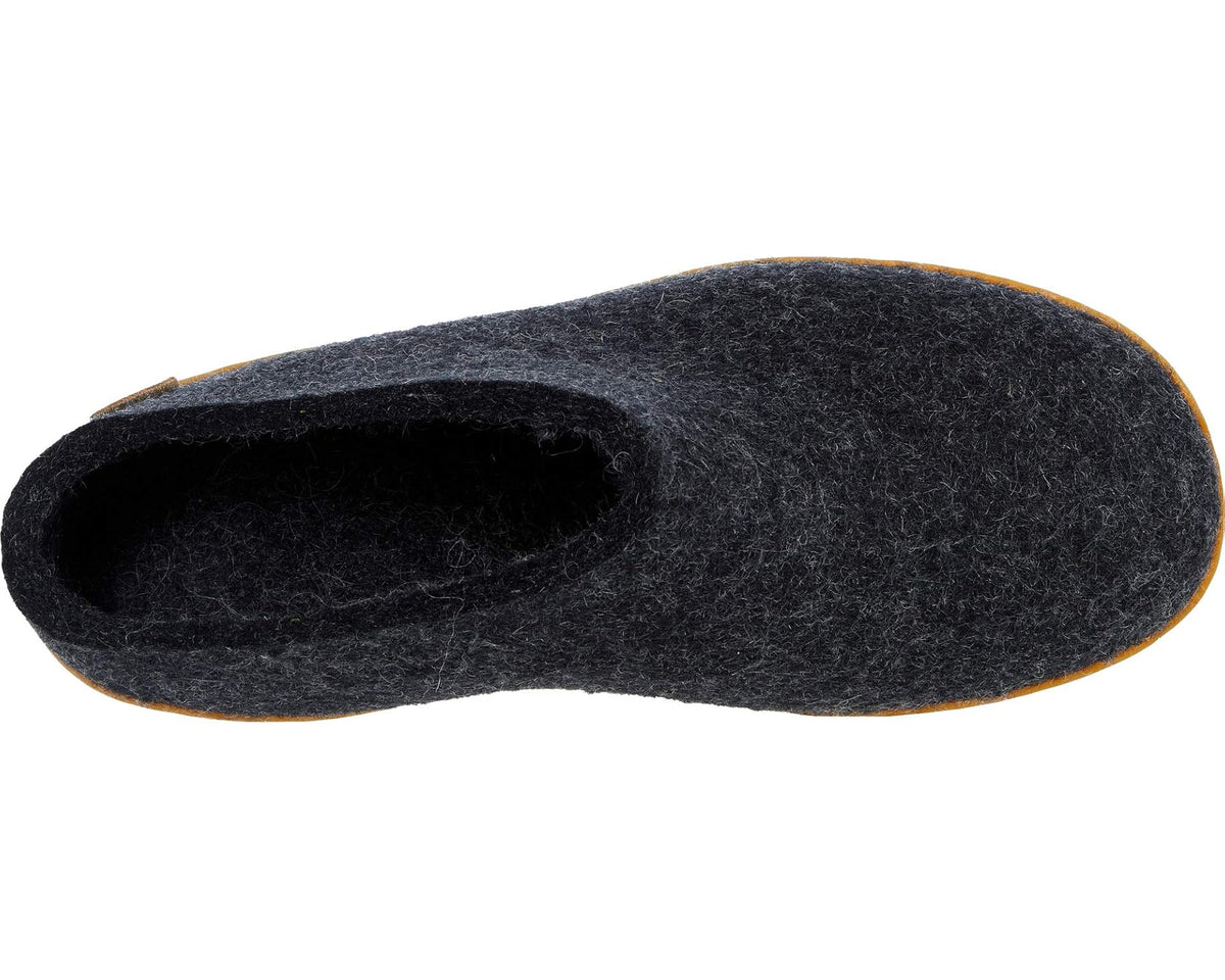 Charcoal wool slip-on clog, open top view, shows inner lining and honey edge