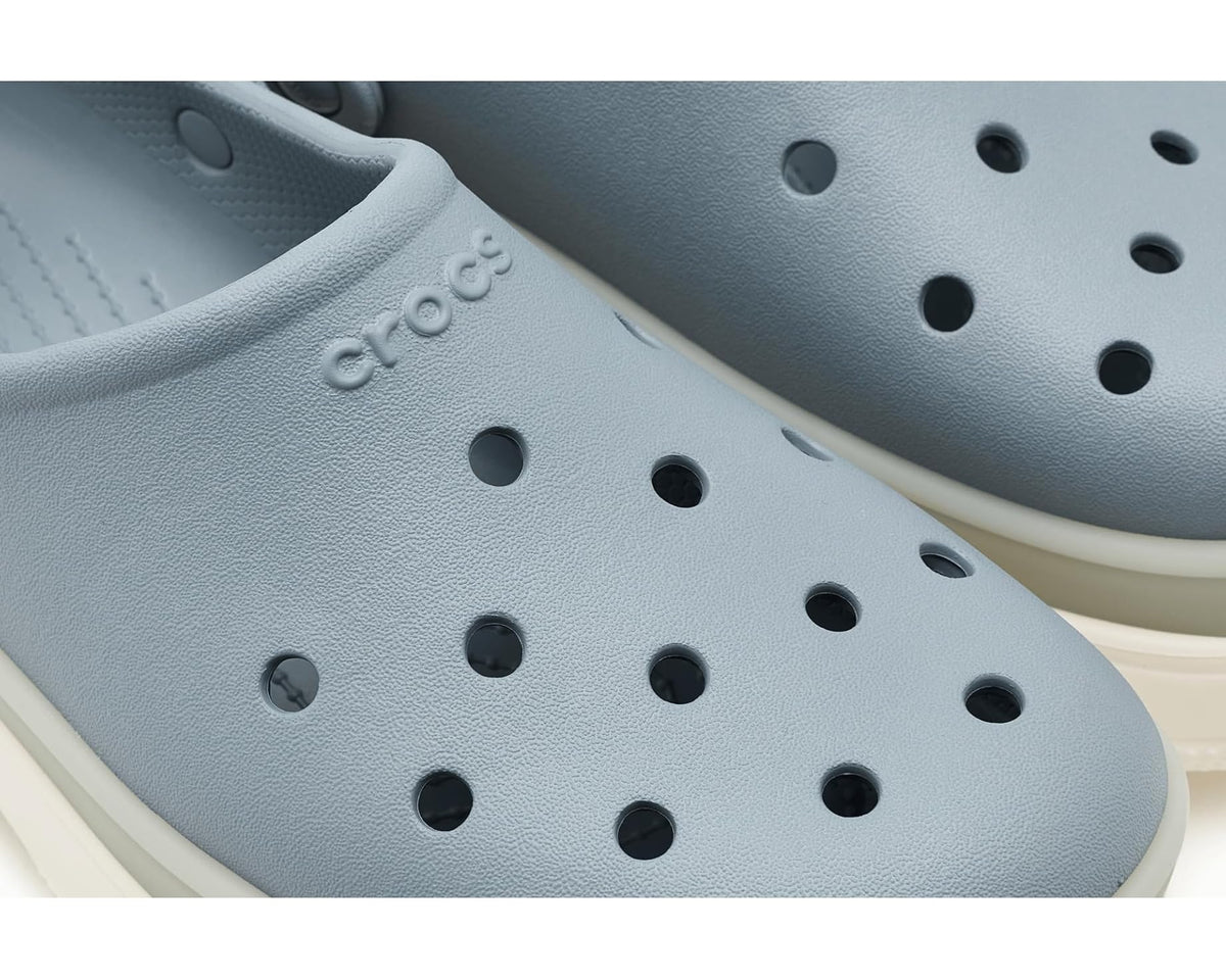 Close-up of unisex light blue-gray clog upper with croc holes and molded lettering