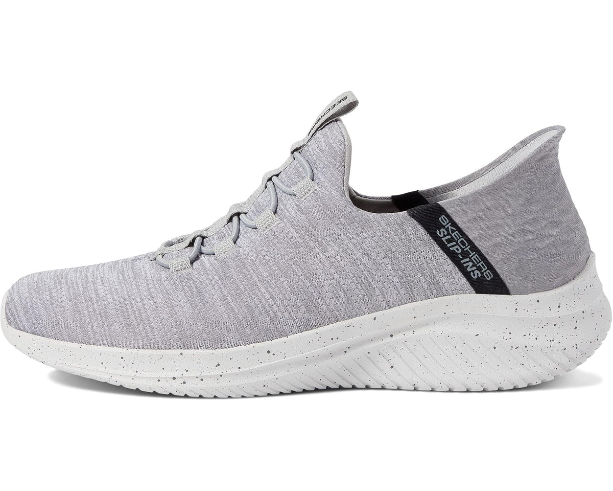 Men's Skechers gray knit slip-on sneakers with heel pull tab and speckled midsole