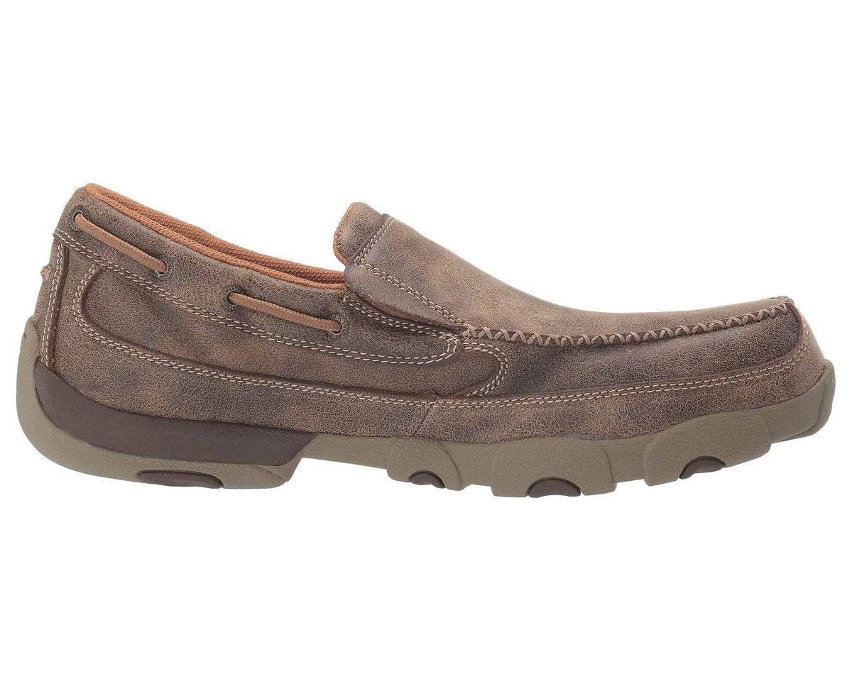 Side view of brown suede work loafer with lace-up detail and cushioned rubber sole