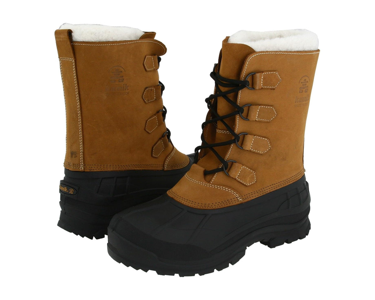 Tan lace-up winter boots with white fleece lining, buckle straps, black tread sole