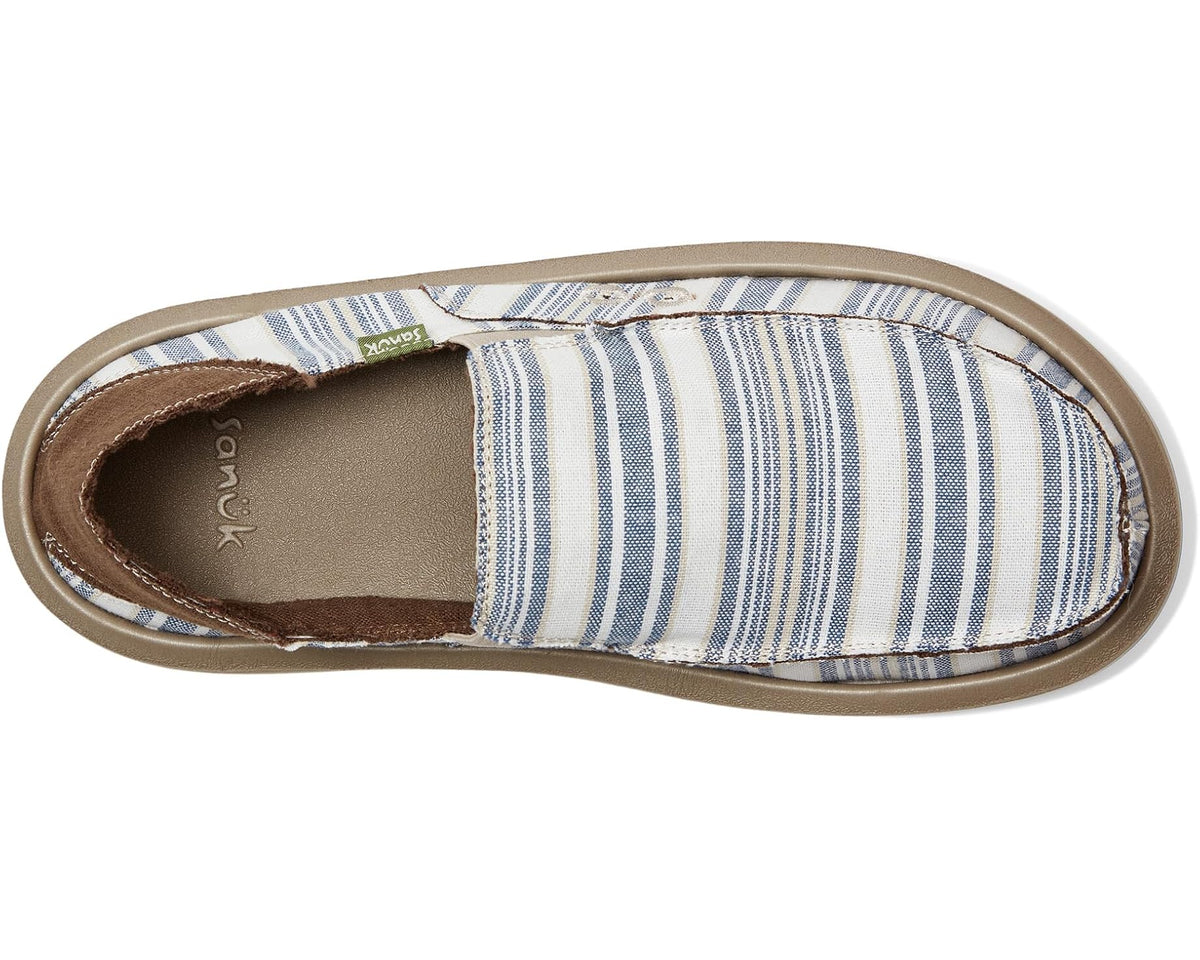 Men's striped canvas slip-on shoe interior view with tan sole and brown lining