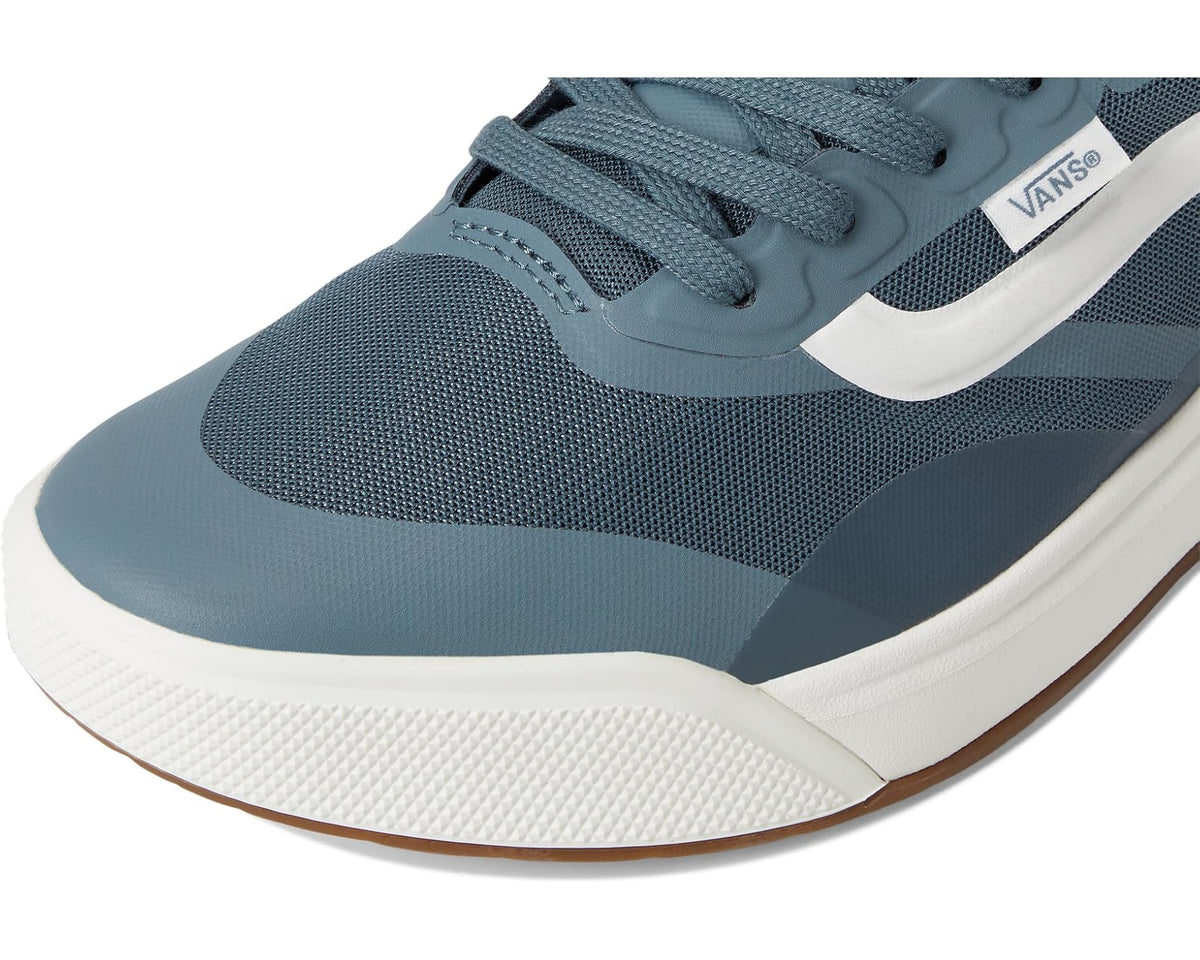 Unisex blue knit upper sneakers with white side stripe and textured rubber edge