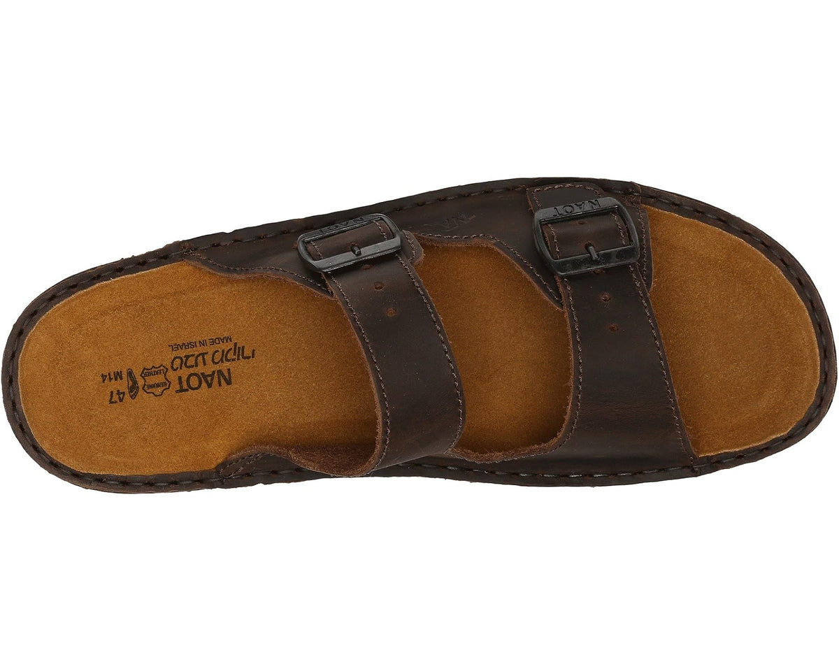 Leather sandal footbed and straps, dark brown top with tan lining and side buckles