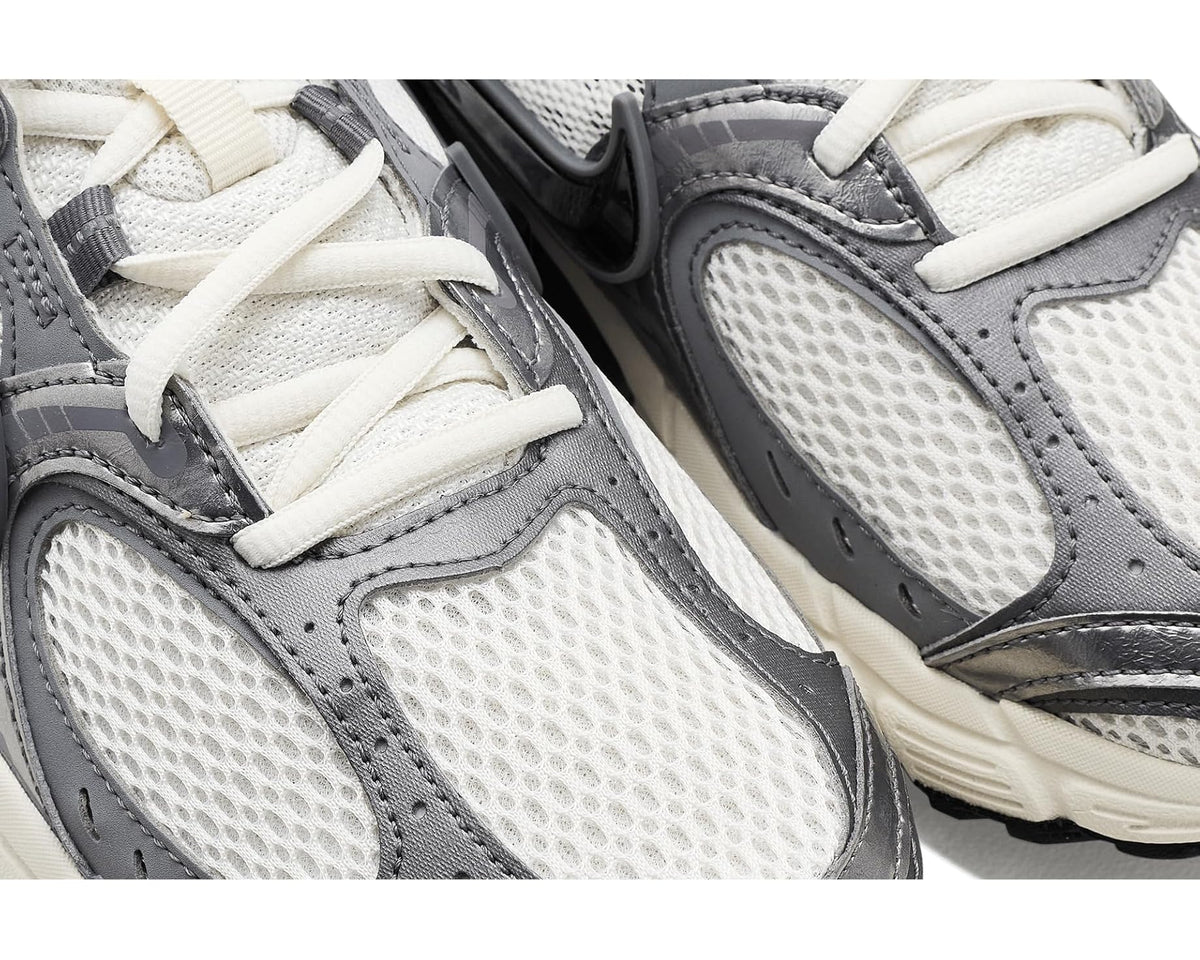 Nike V5 runner lace area close-up with mesh toe and gray leather-like overlays