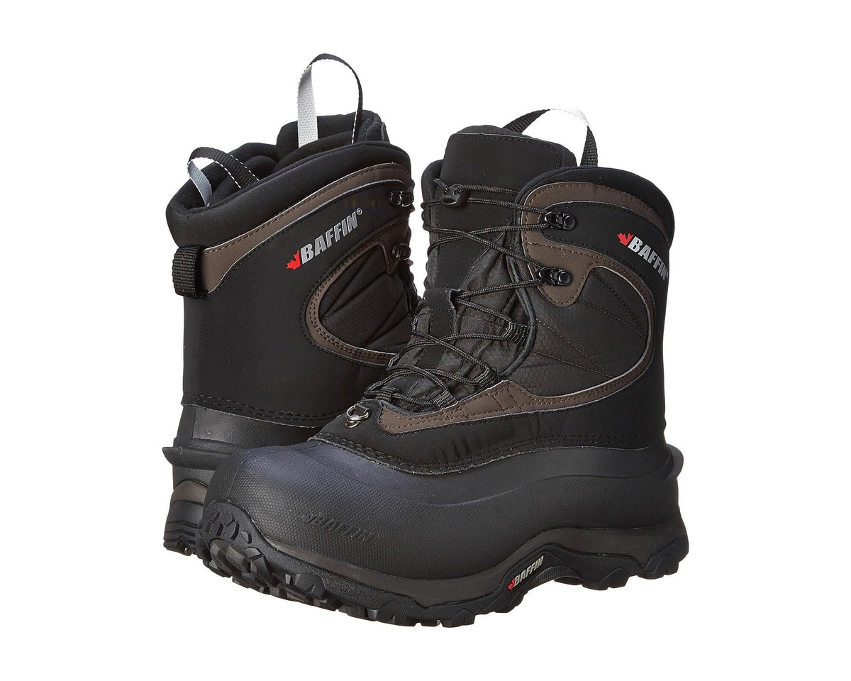 Men's lace-up waterproof winter boots, black with brown accents and pull tab