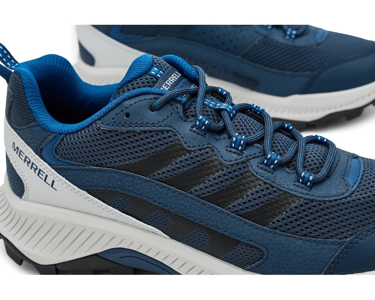 Close-up of Merrell Speed Strike 2 navy mesh upper with blue laces and logo