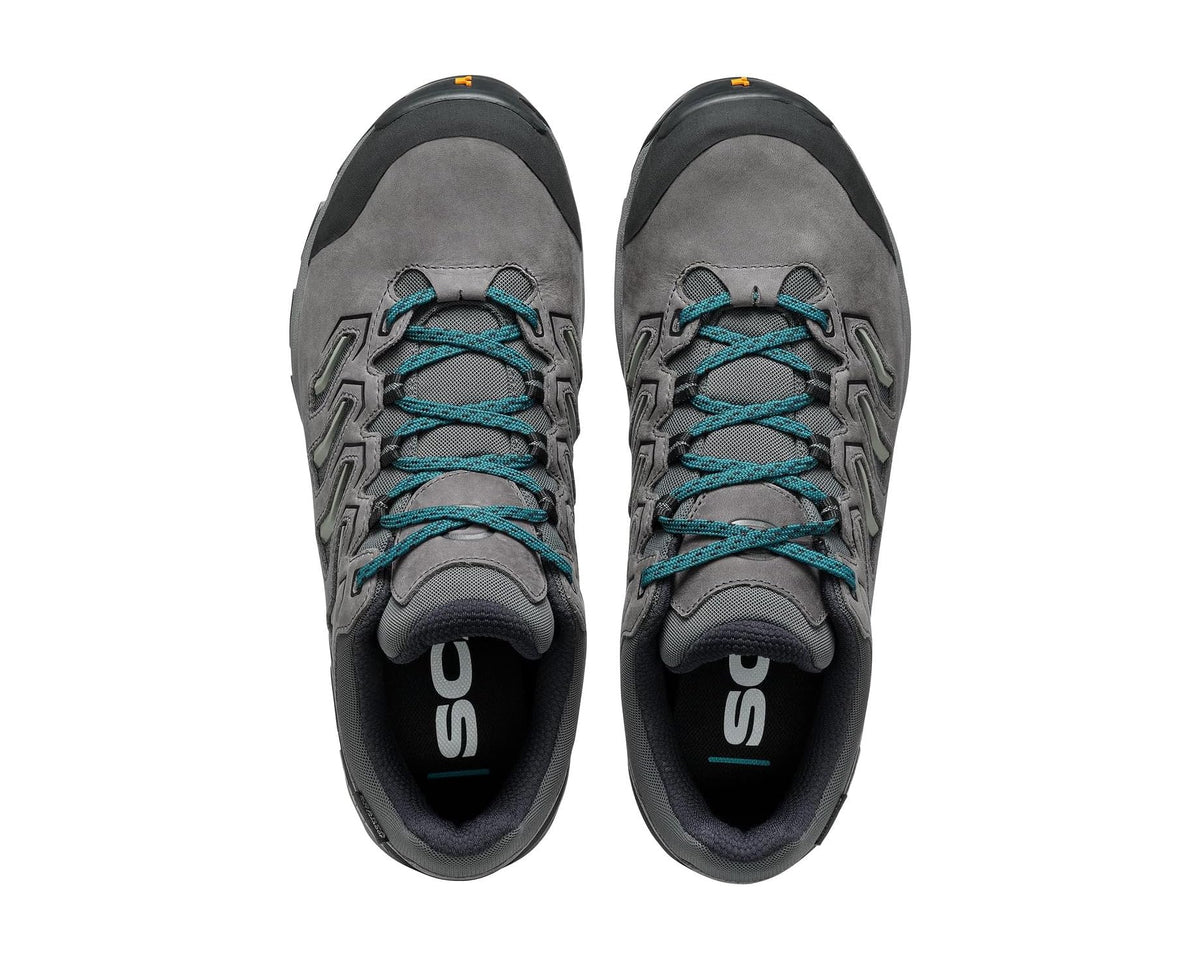 Anthracite lace-up trail shoes with teal shoelaces and cushioned collar