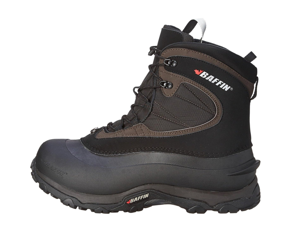 Men's lace-up winter boot with padded collar, black upper and brown trim, pull strap