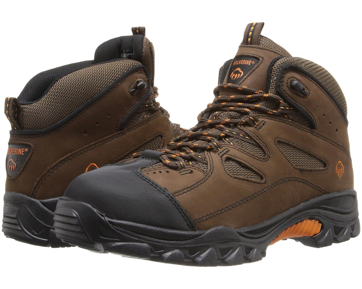 Men's brown and black hiker boots with orange laces and rugged rubber sole