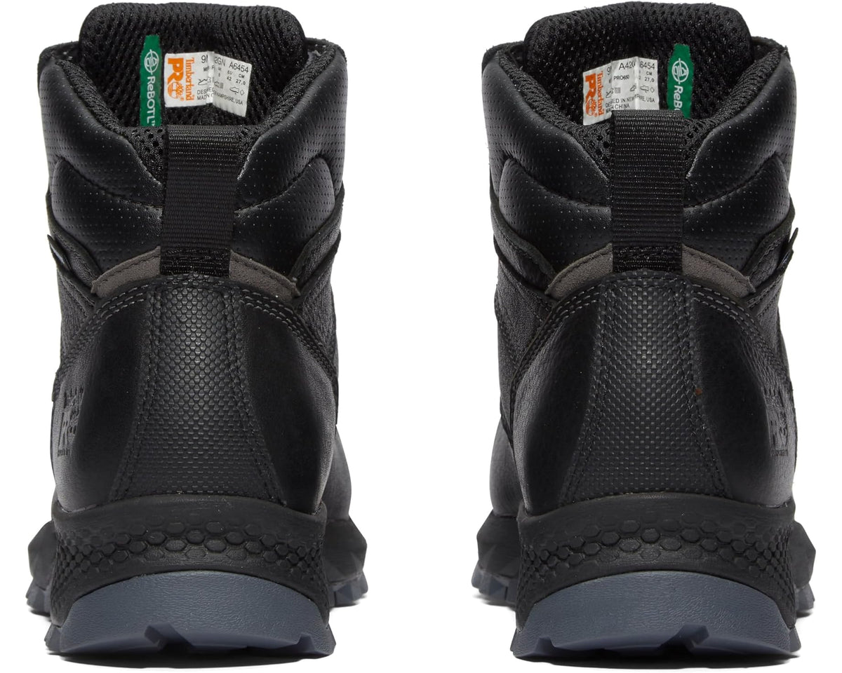 Men's black work boots showing heel and padded ankle collar, rear view