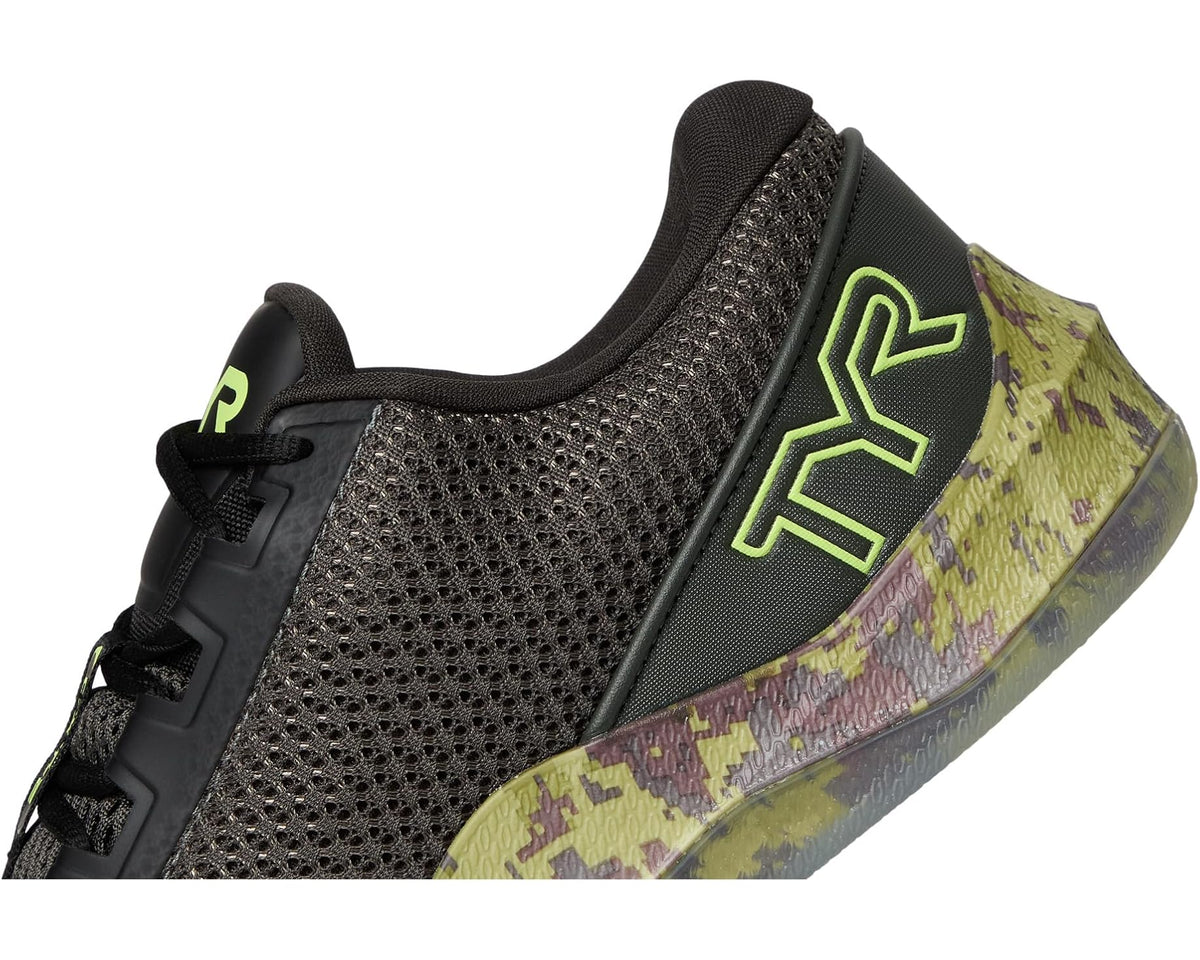 Men's trainer sneaker, close-up of black mesh upper with green TYR logo and camo trim