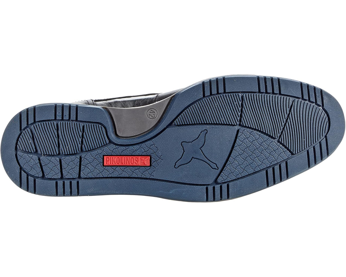 Men's PIKOLINOS black shoe outsole with blue tread and tan welt