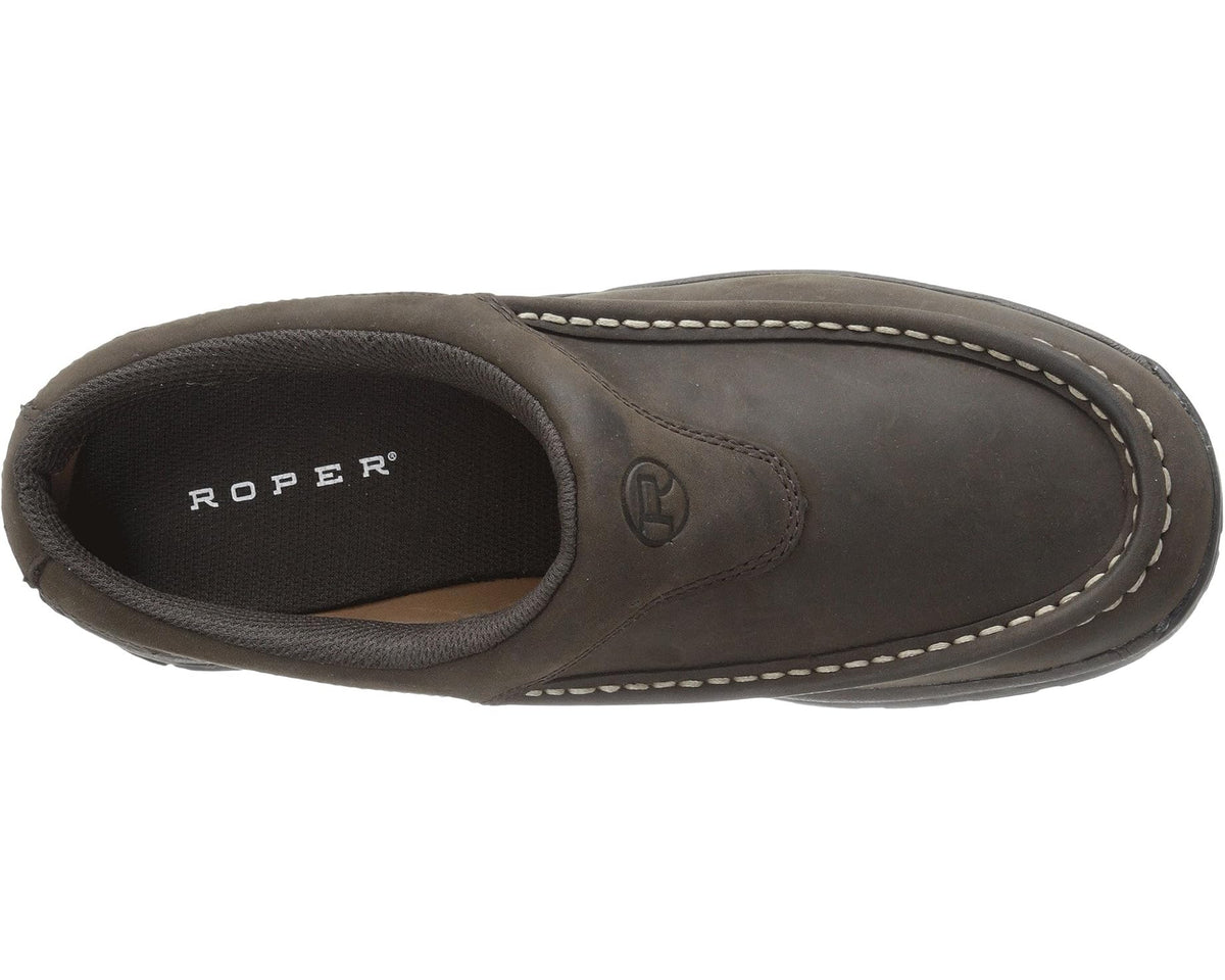 Brown mule with fabric lining, stitched moc toe, and Roper logo on collar
