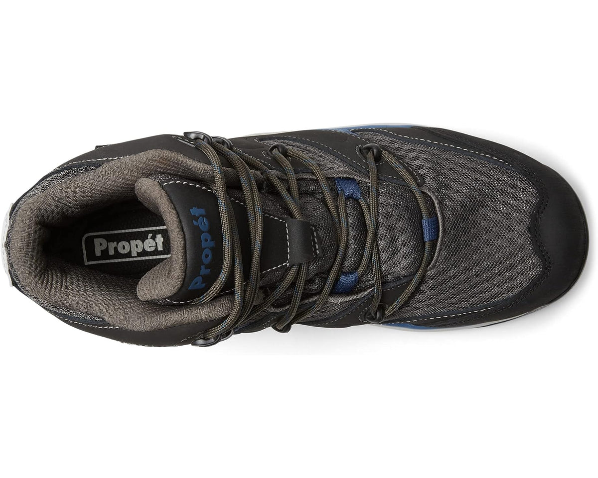 Men's Propet Veymont lace-up hiking shoes, side view, grey mesh with blue trim