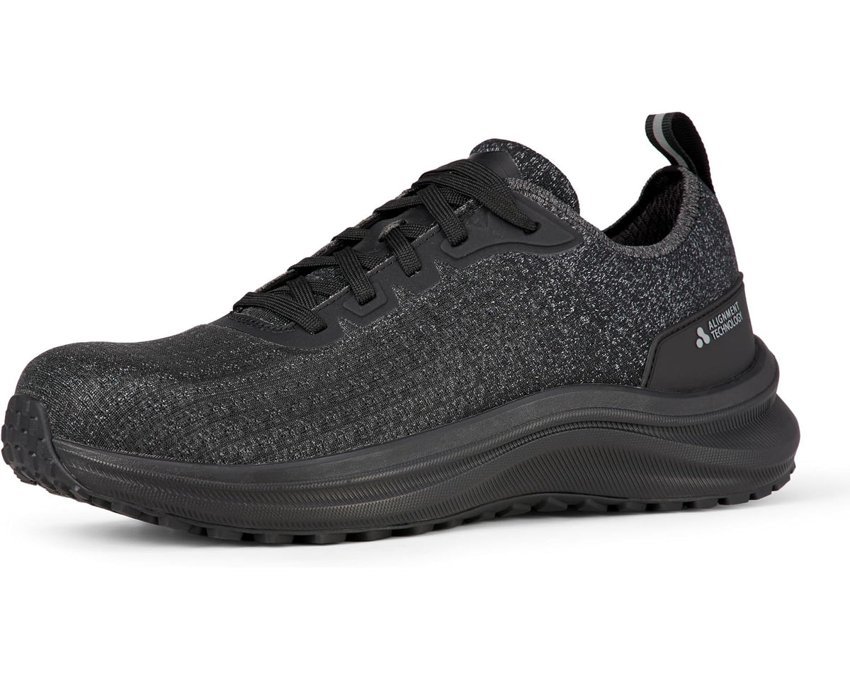 Black unisex work safety shoe with lace-up mesh knit upper and cushioned sole