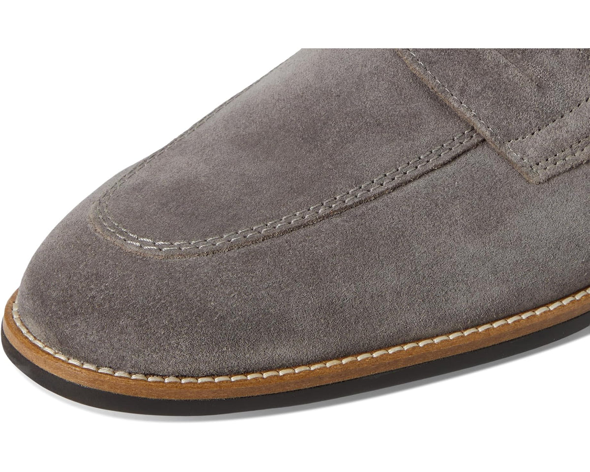 Graphite gray suede loafer toe with contrast stitching and moc seam