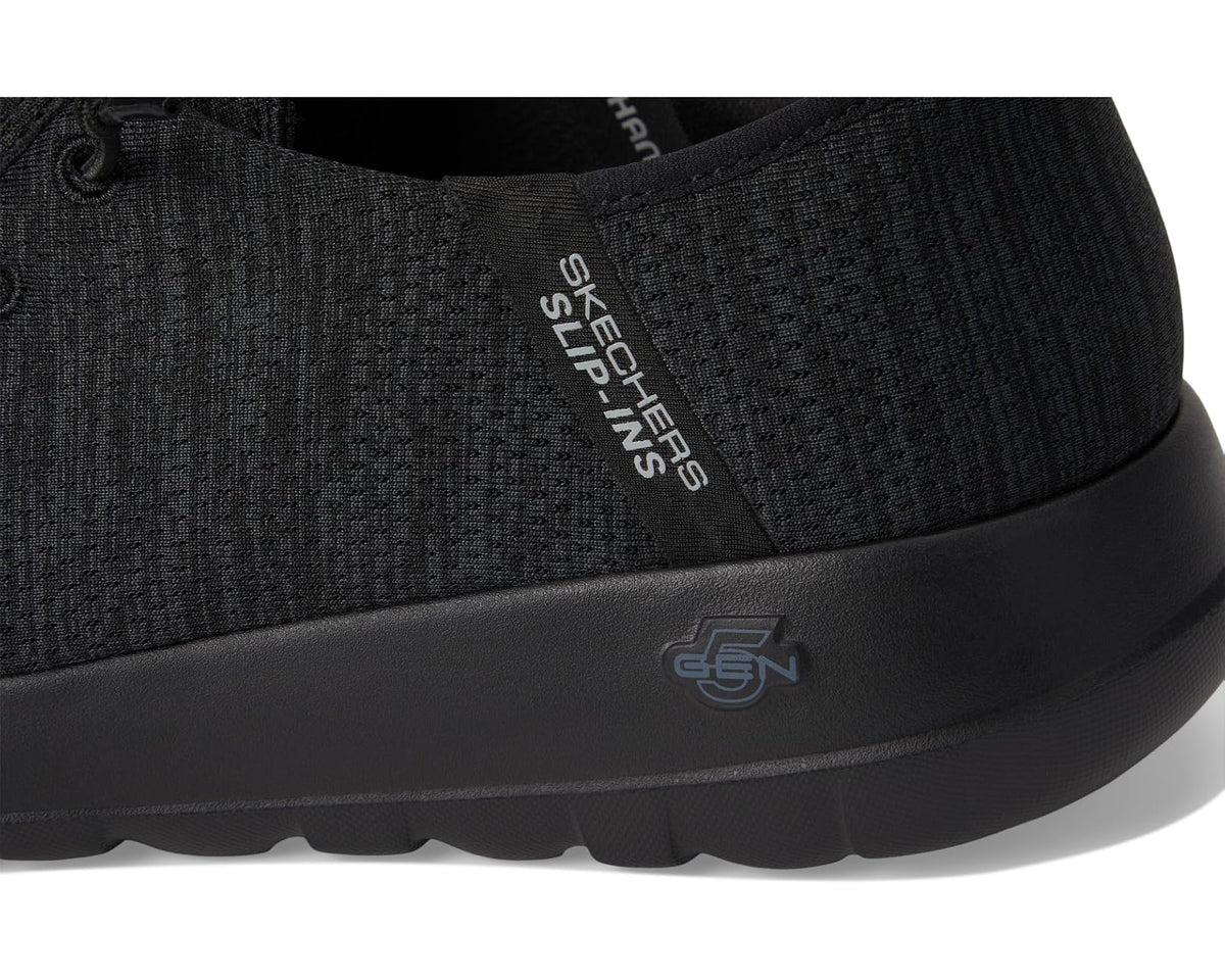 Men's black knit slip-on sneaker side detail with logo on midsole