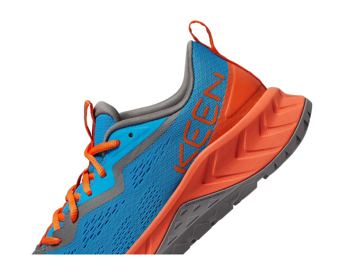Blue KEEN men's lace-up sneaker with bold orange side panel and gray sole