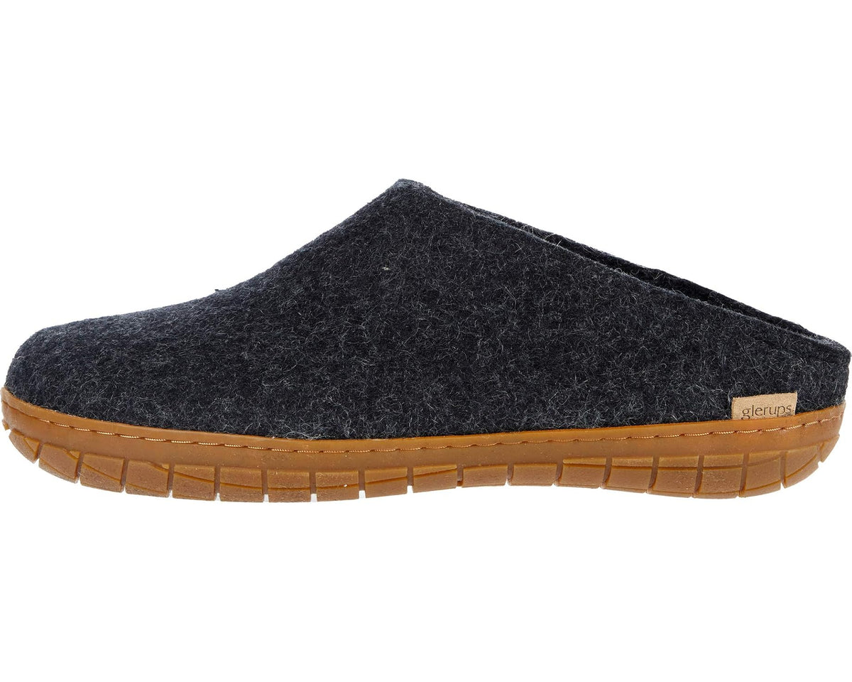 Charcoal wool slip-on clog with honey rubber edge and side profile, no laces