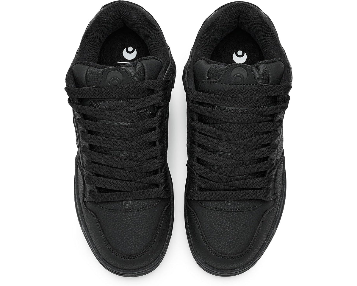 Men’s black sneakers, top view with lace pattern and cushioned padded tongue