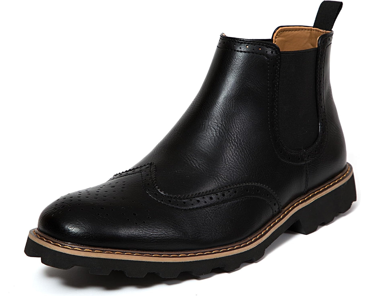 Men's black leather chelsea boot with side gore, wingtip perforations, and tan-trim sole