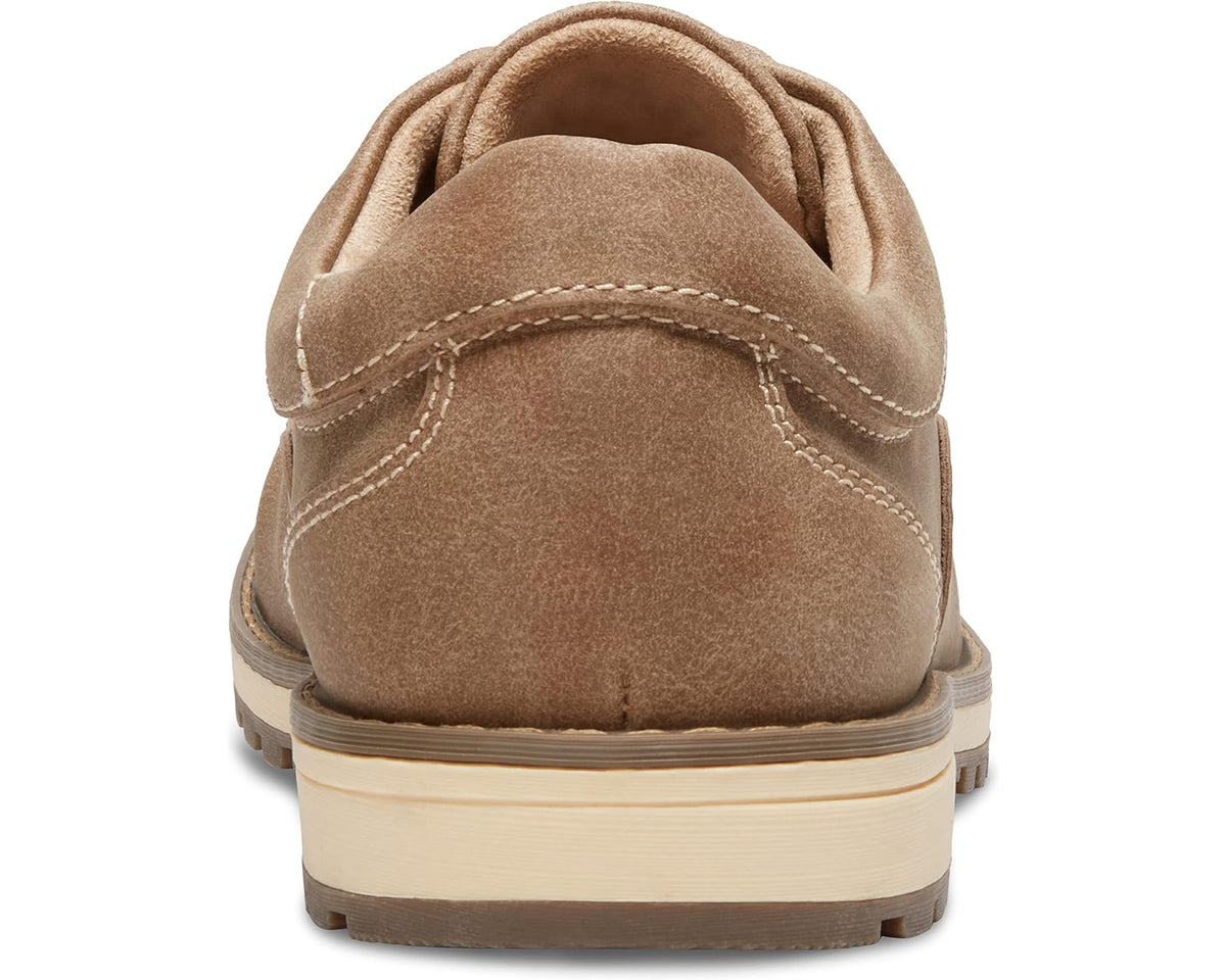Men's tan suede shoes, rear view with cushioned collar and stacked rubber heel