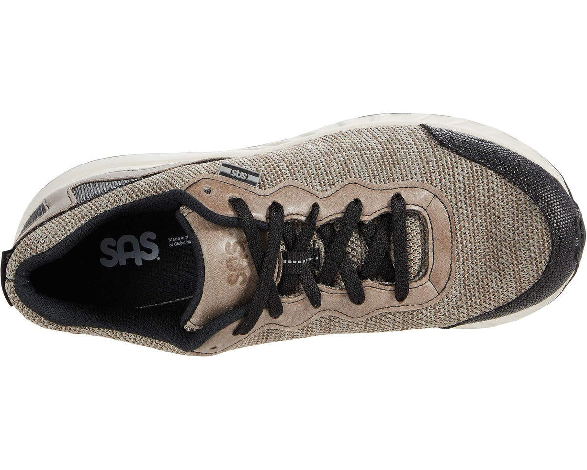 Men's running sneaker interior view with SAS logo, black laces, pebble upper