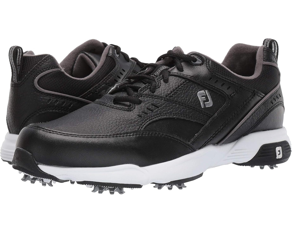 Black men’s golf sneaker with lace-up front and white midsole, spiked outsole