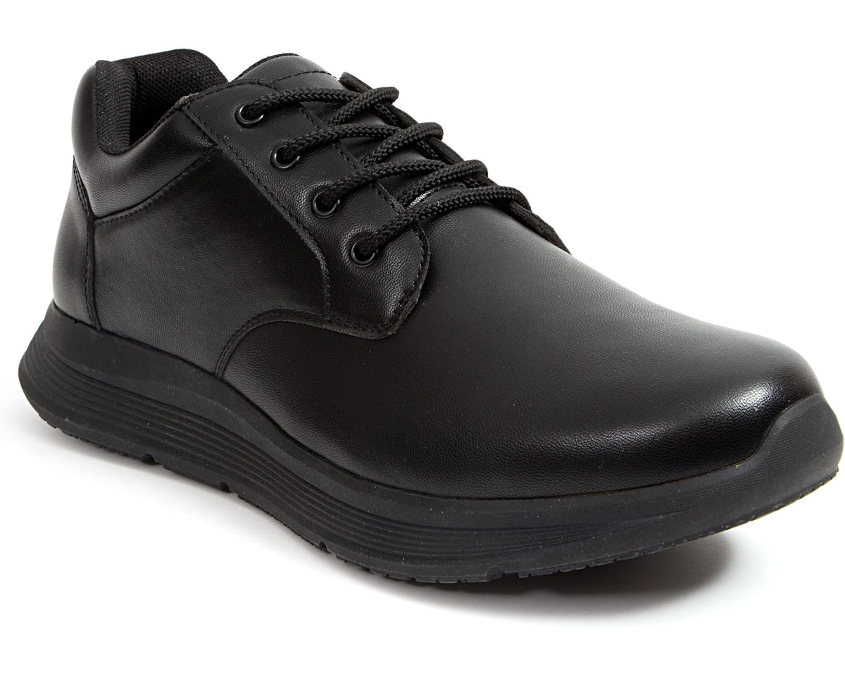 Men's black lace-up work shoe, low profile sole with textured tread