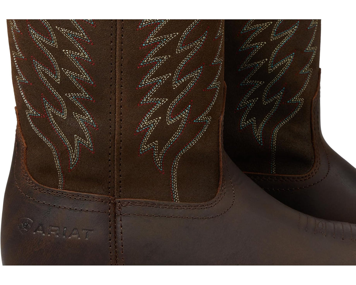 Brown boot shaft close-up with Ariat logo, stitching, and embroidered zigzag patterns