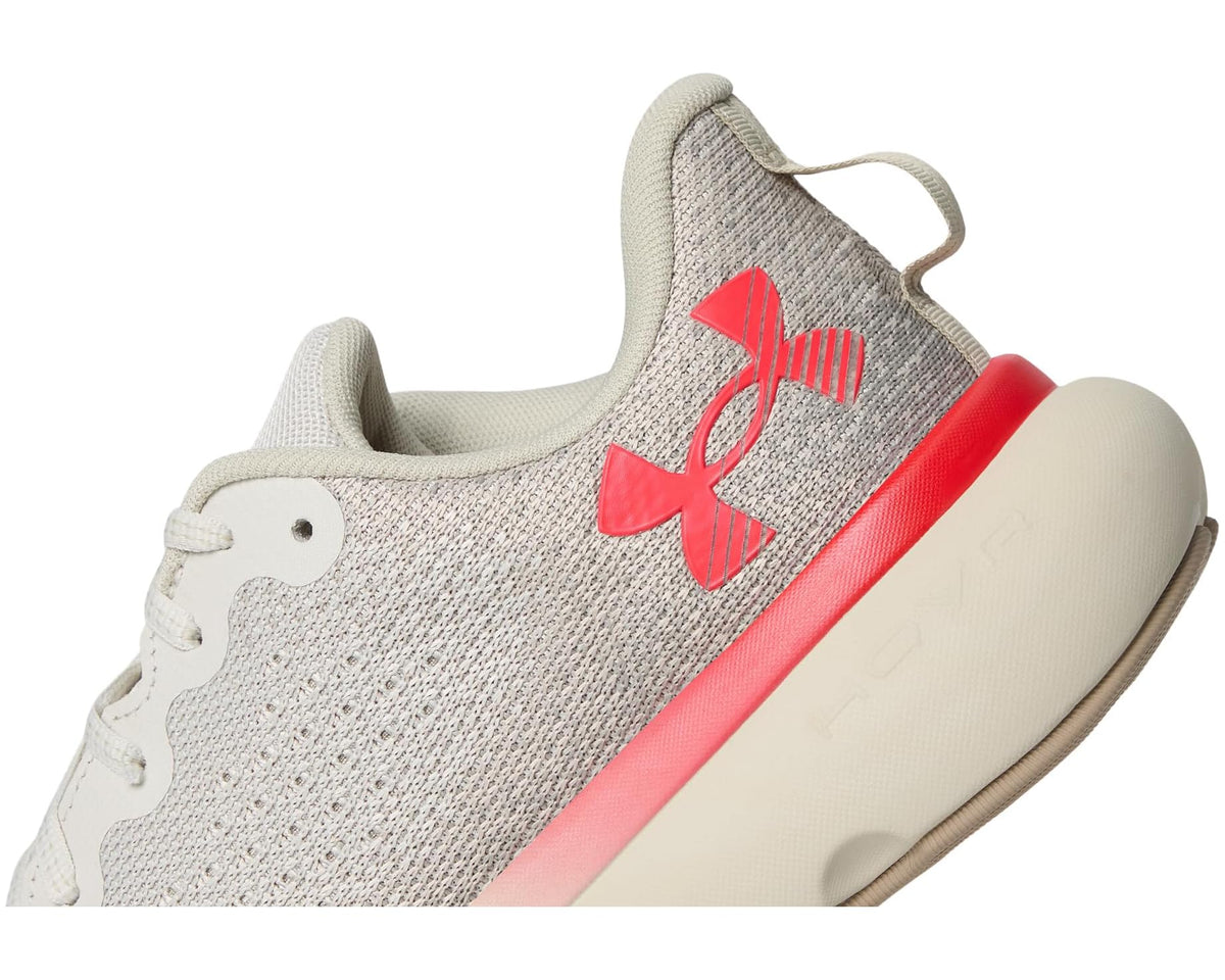 Men's Under Armour side detail, light gray upper with red logo and cream midsole