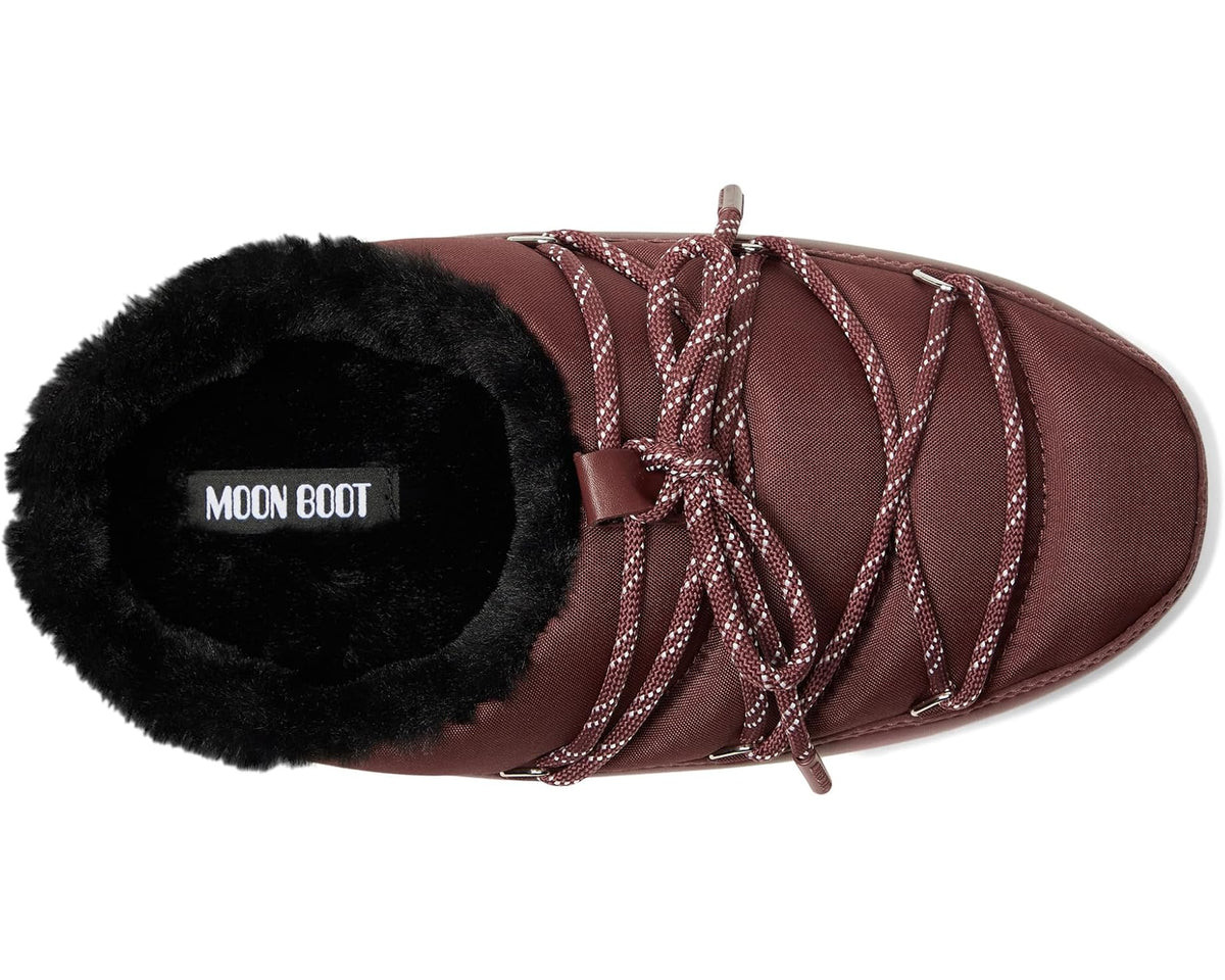 Burgundy unisex boot with black faux-fur collar, lace-up front, and side MOON BOOT logo
