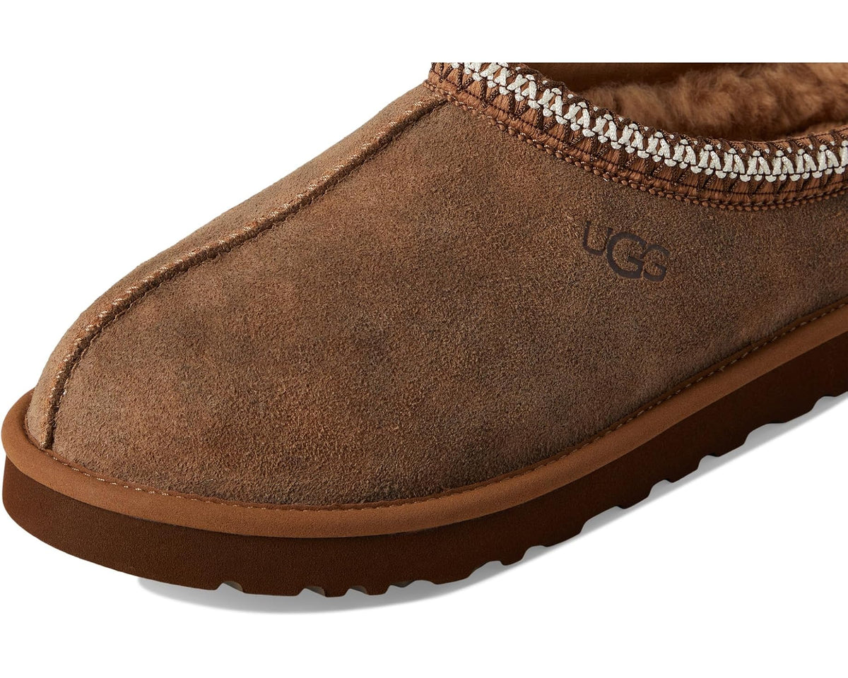 Chestnut suede side view with UGG logo and braided trim along the collar