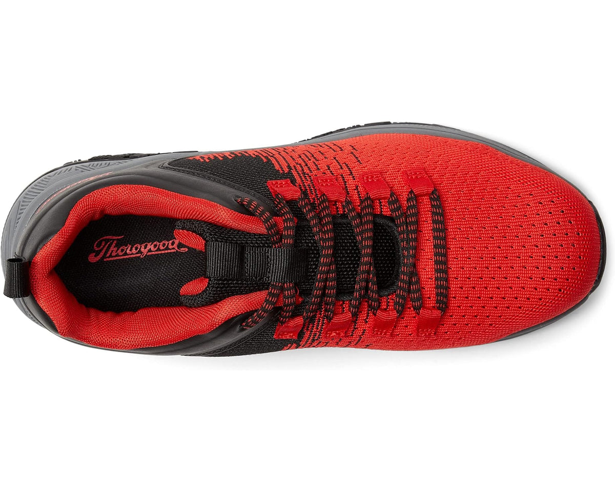 Men's Thorogood AST low-top shoe side: red knit upper with black laces