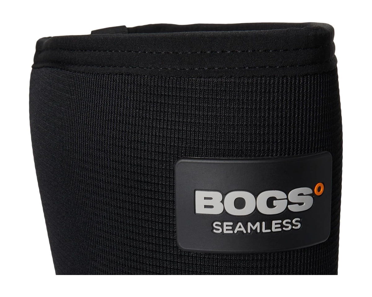 Black boot shaft with BOGS SEAMLESS logo patch on elastic-knit upper